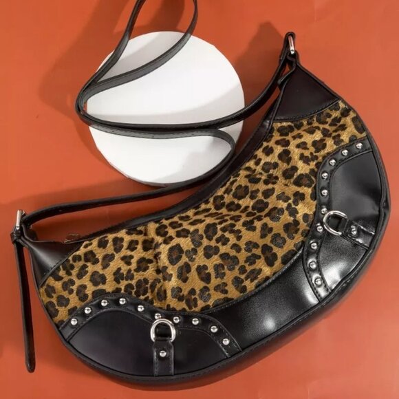 Fame Leopard Print Half Moon Shoulder Bag - Picture 1 of 5